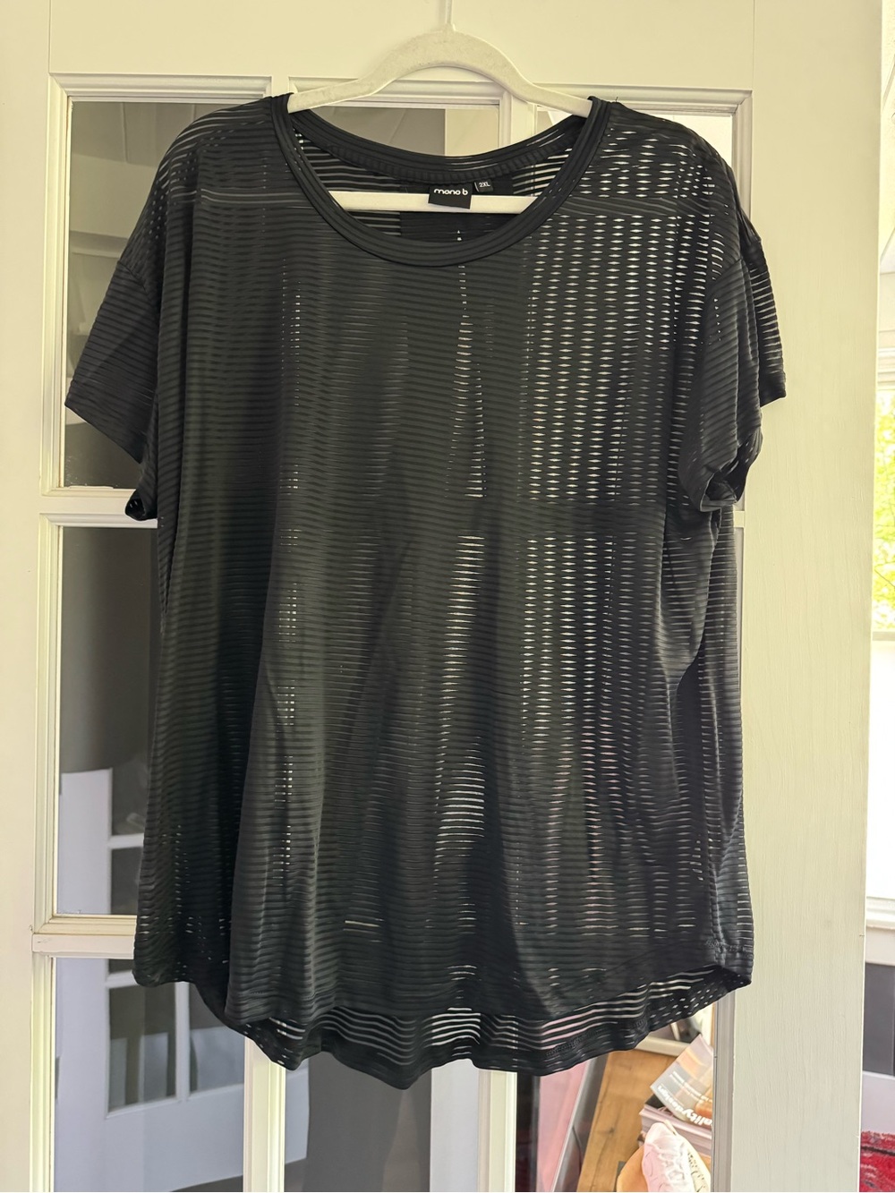Mono B Black Short Sleeve Sheer Stripe Tee